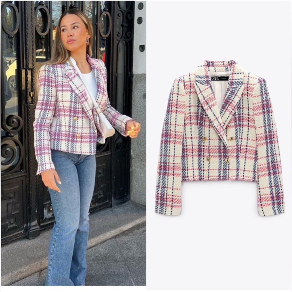 ZARA - BLUE & PINK PLAID TWEED DOUBLE BREASTED Cropped BLAZER